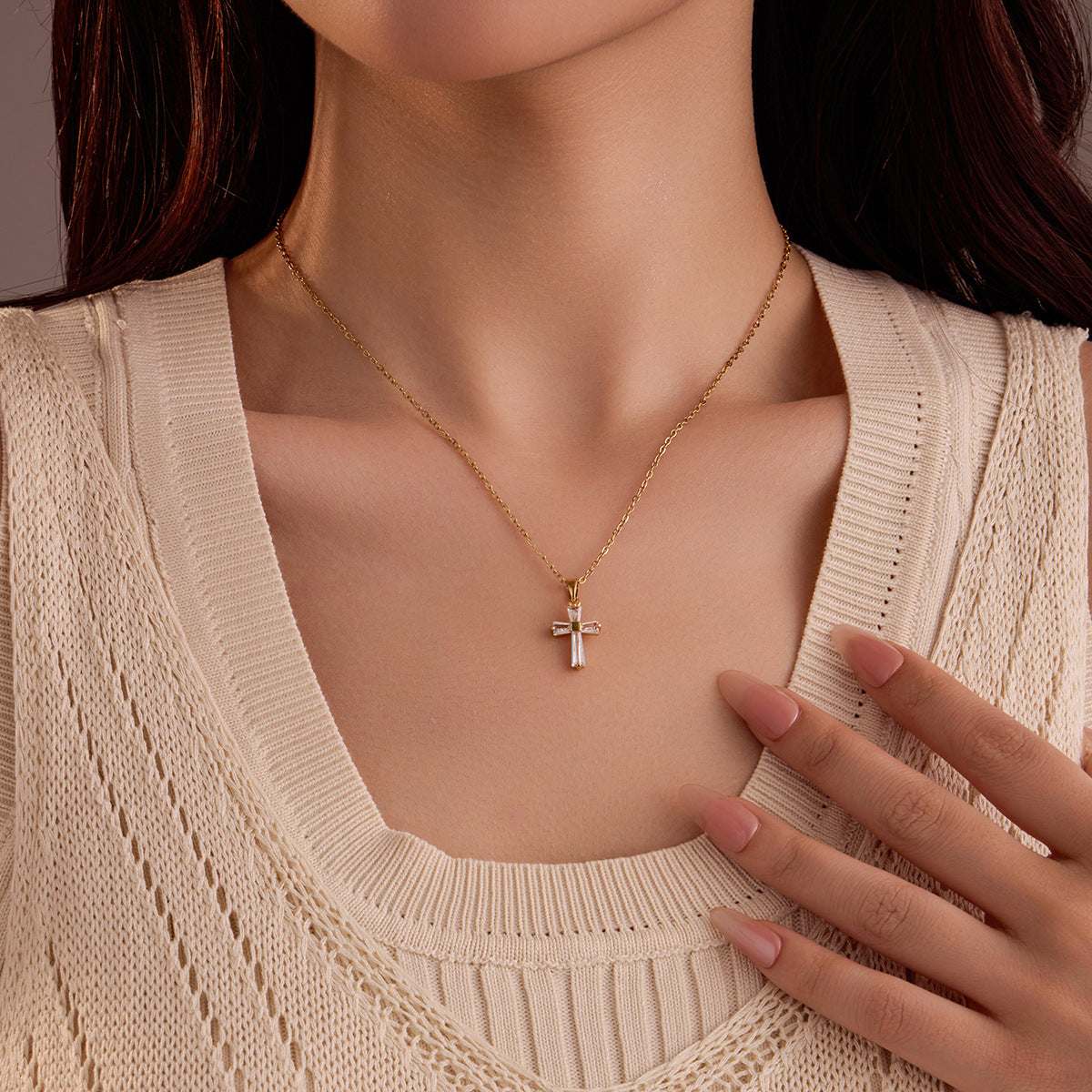 Edited product 18K Gold Zircon Cross Necklace