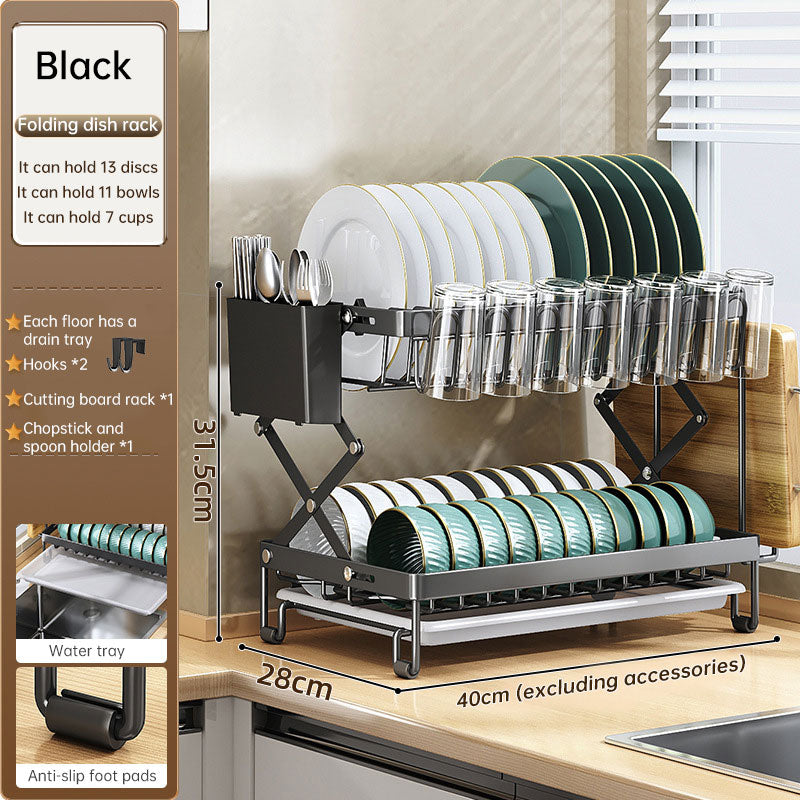 Foldable 2-Layer Kitchen Dish Rack, Large Capacity Countertop Drying Shelf for Bowls & Cutlery
