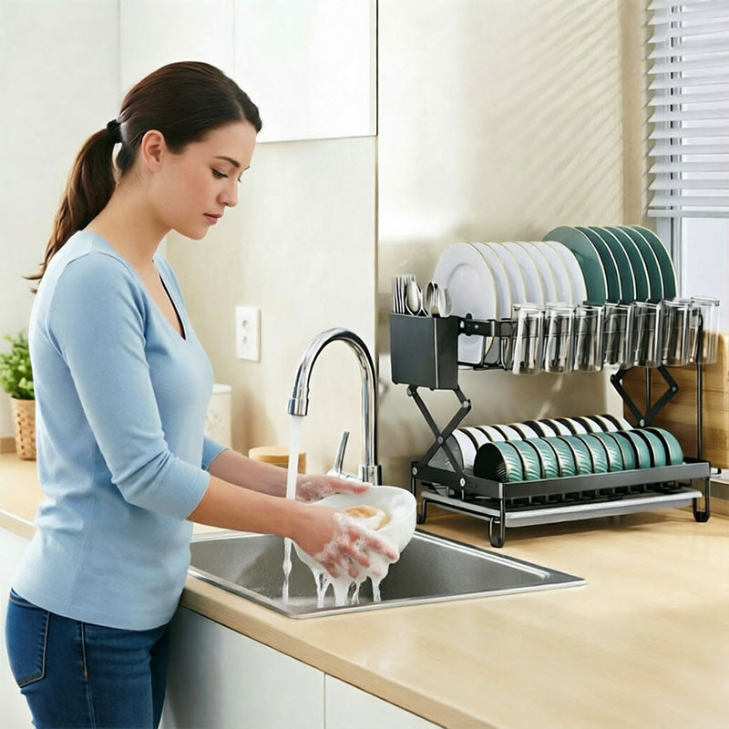 Foldable 2-Layer Kitchen Dish Rack, Large Capacity Countertop Drying Shelf for Bowls & Cutlery