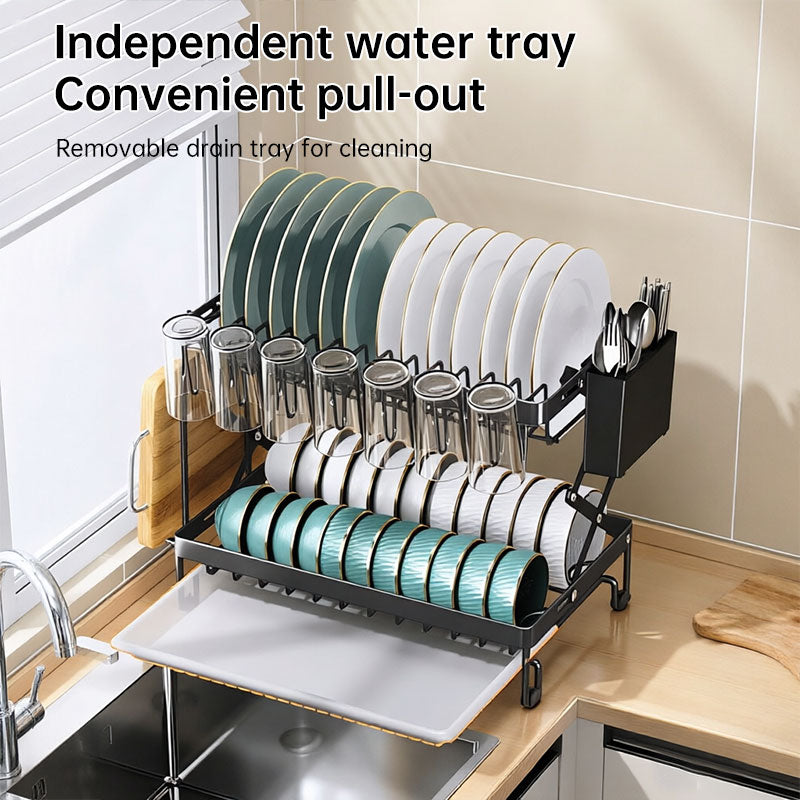 Foldable 2-Layer Kitchen Dish Rack, Large Capacity Countertop Drying Shelf for Bowls & Cutlery