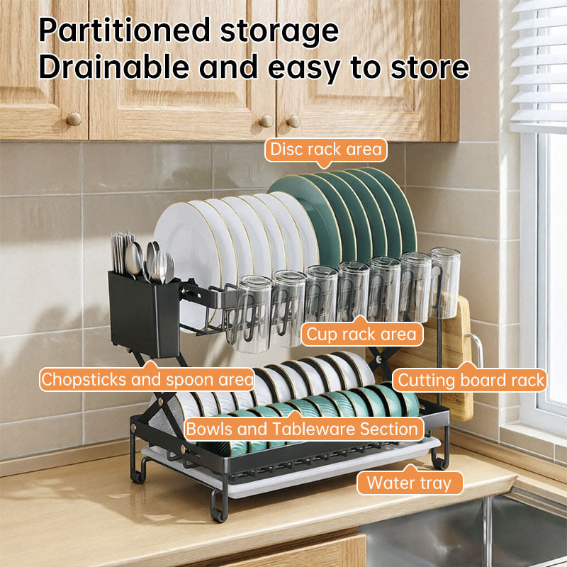 Foldable 2-Layer Kitchen Dish Rack, Large Capacity Countertop Drying Shelf for Bowls & Cutlery